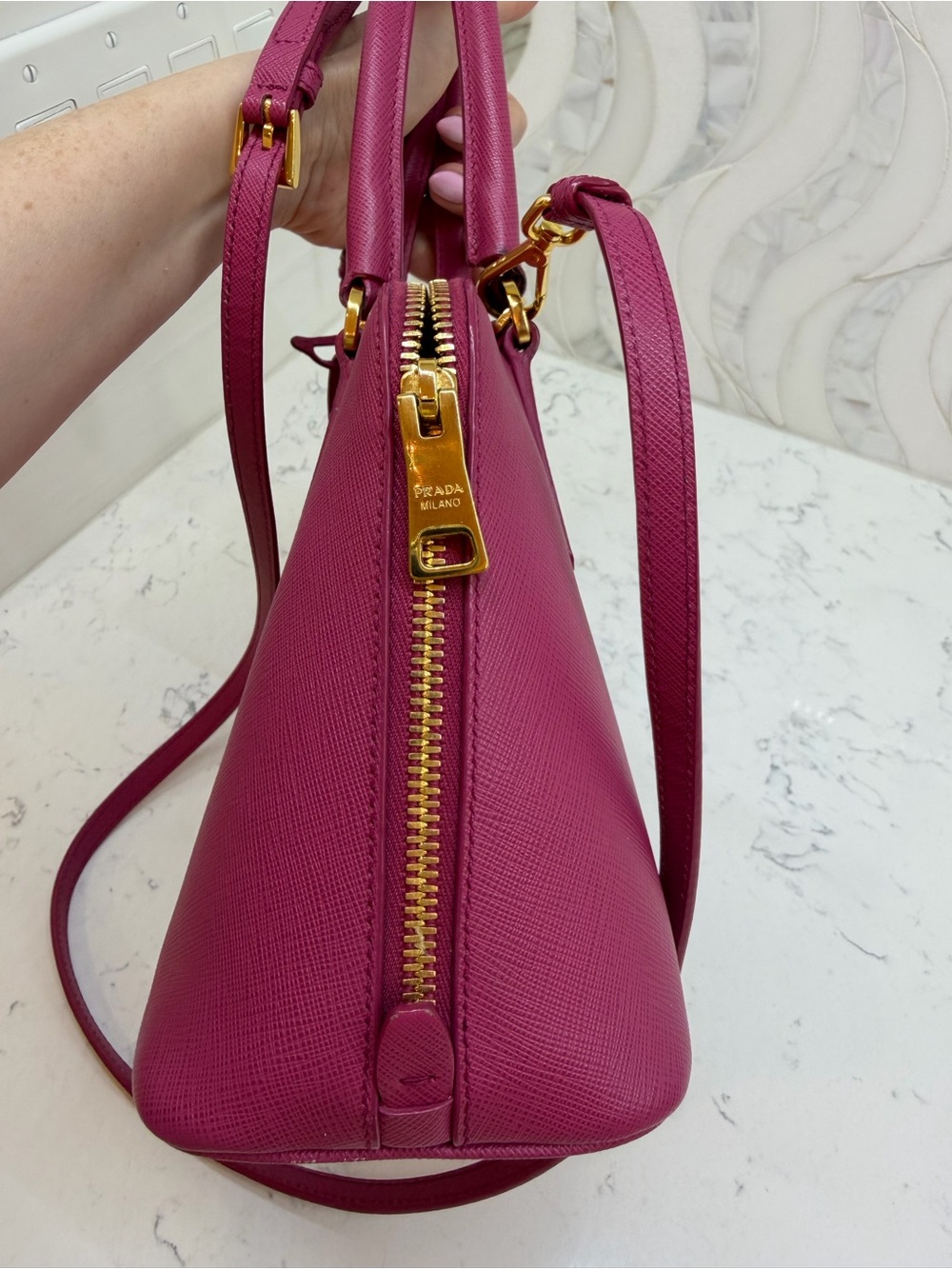 Prada Magenta Saffiano Mini Pyramid Bag with Gold Hardware. Excellent pre-loved. - Picture 15 of 15